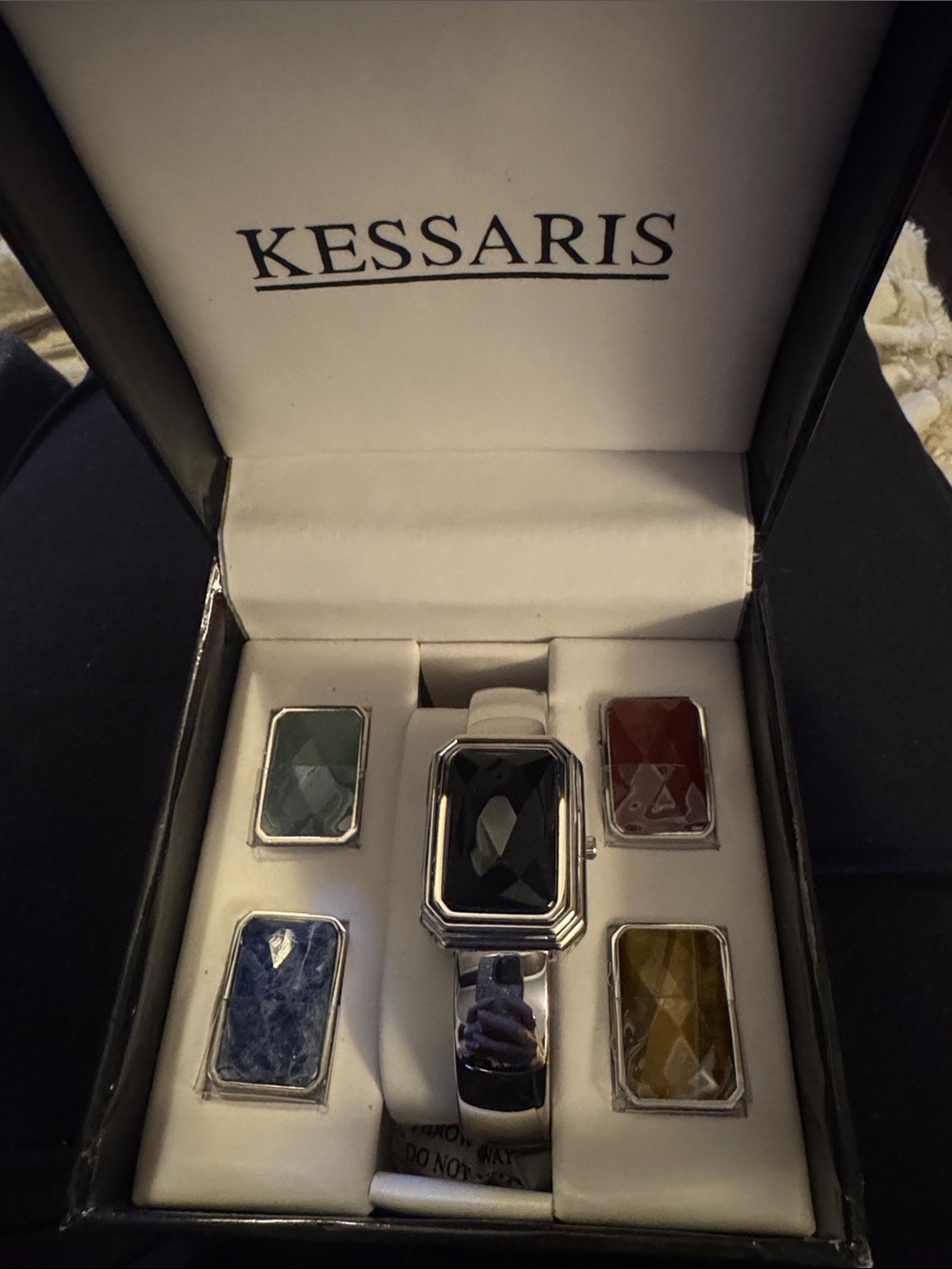 Kessaris quartz Women watch Stone dials. Set Silver Black Center new in box